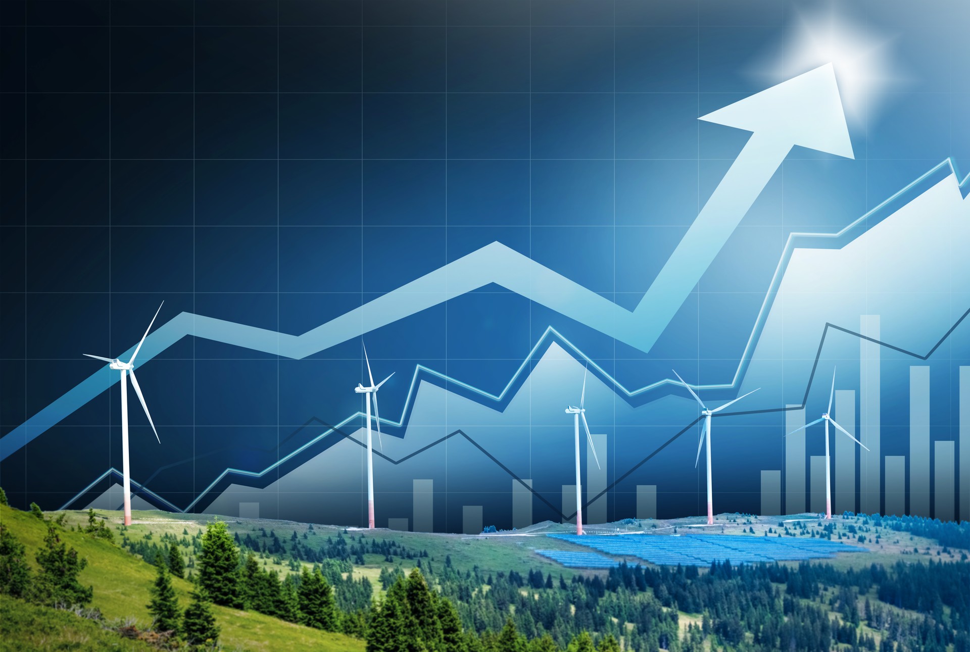 Green renewable energy concept with stock market data graph processing over wind generator turbines and solar panels