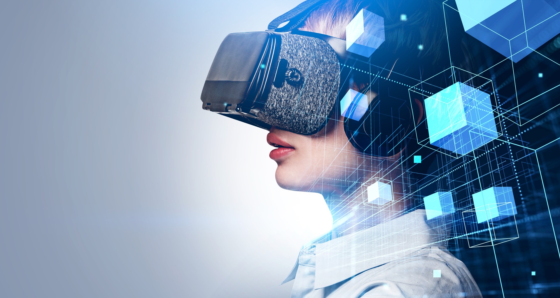 Businesswoman in white shirt is wearing vr helmet. Digital inter