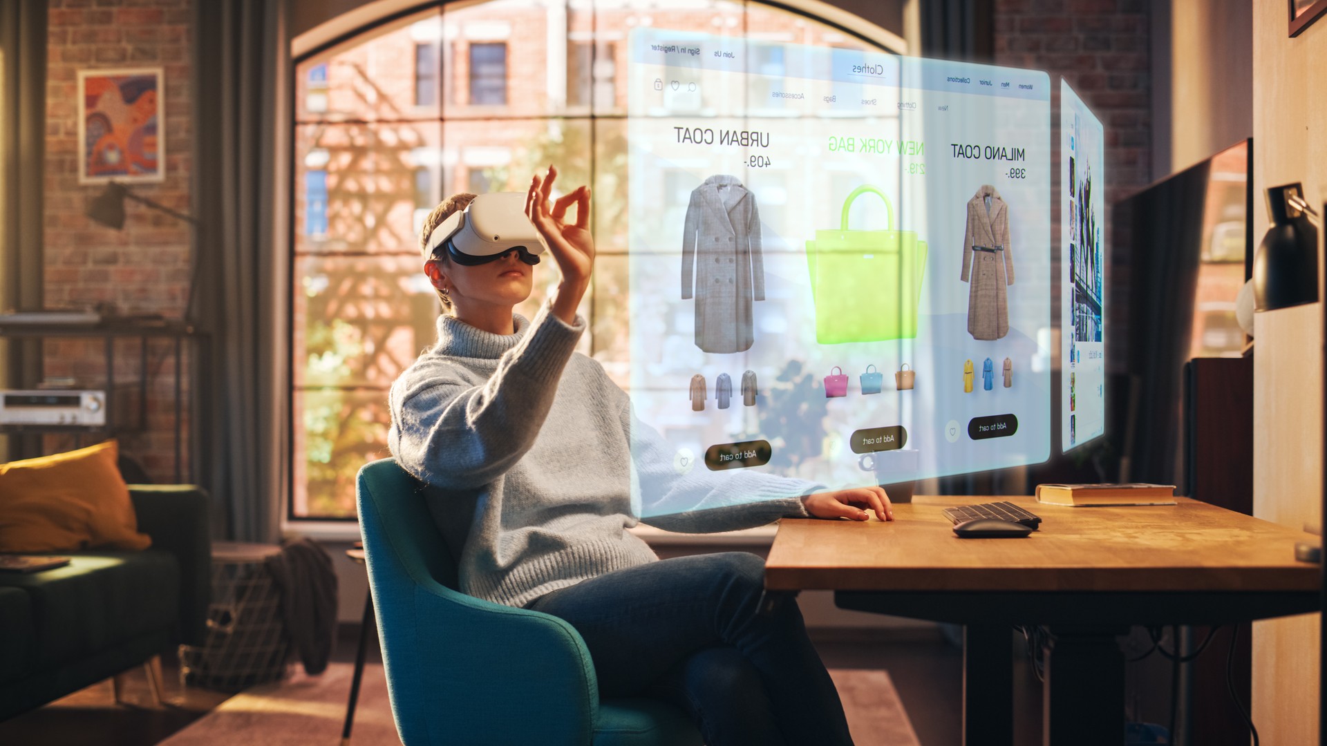 Young Beatiful Women is Using Virtual Reality Headset for Doing an Online Shopping In Stylish Loft Apartment. Casualy Dressed Female is Using Innovative Softwear to Purchase Cloth. 3D Website Concept.