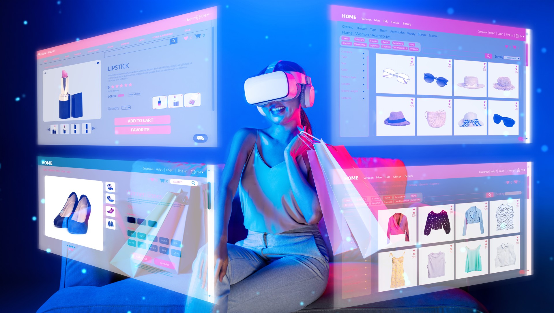 Elegant female in metaverse enjoy shop product from online store. Hallucination.