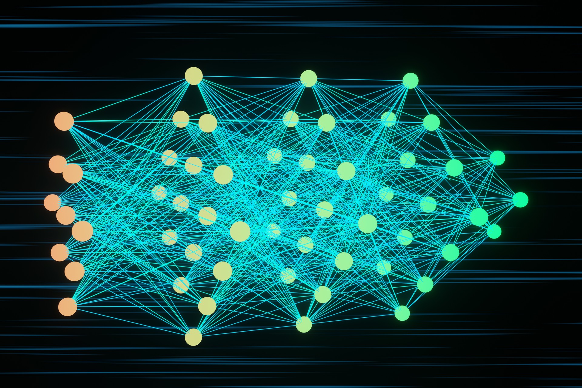 Layers of glowing nodes interconnecting to next layer of neurons by bluish green lines on black background. Illustration of the concept of deep neural network and generative artificial intelligence